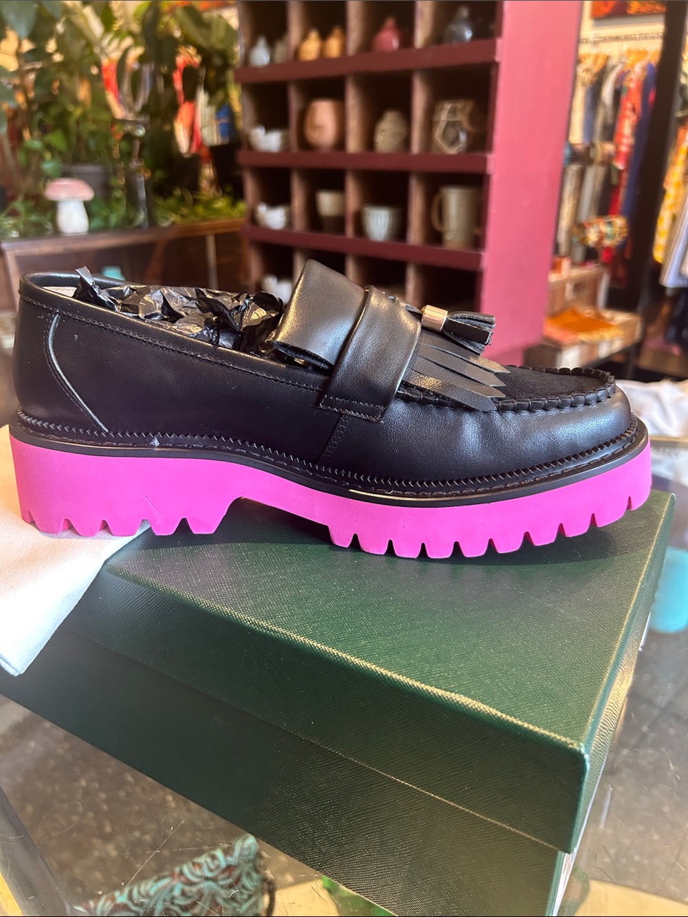 Black Leather Kiltie Loafer with Hot Pink Lug Sole - Picture 9 of 10